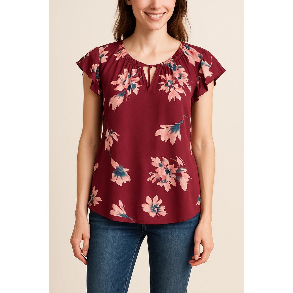 Daniel Rainn Blouse Women XS Burgundy Floral 100% Silk Ruffle Sleeve Whimsygoth